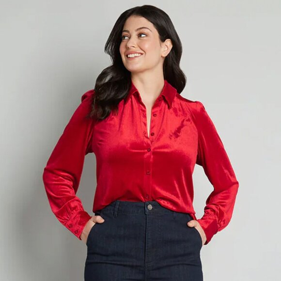 ModCloth Be Buzzworthy Velvet Button-Up Top - Picture 1 of 9